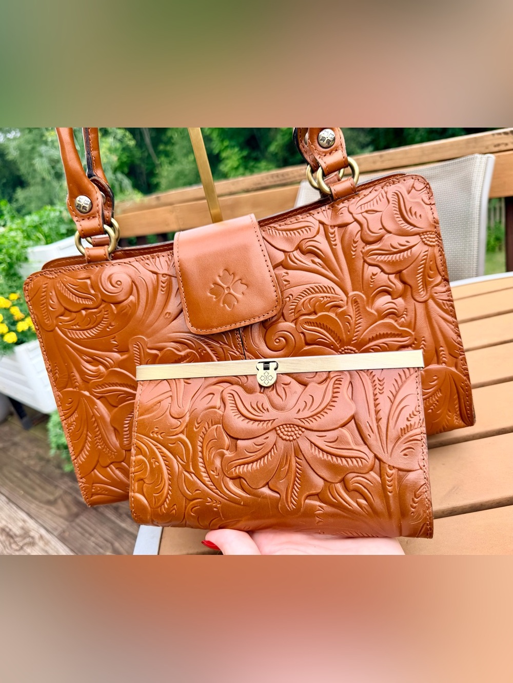 Patricia Nash Tooled Embossed Leather Satchel + Matching Wallet in Floral Cognac - Picture 2 of 16